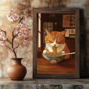 Orange Cat Eating Noodles Japanese Art Print | Elegant Cat Wall Art for Living Rooms & Bedrooms | Printable Asian Decor Gift for Cat Lovers