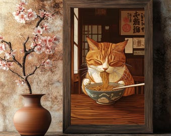 Orange Cat Eating Noodles Japanese Art Print | Elegant Cat Wall Art for Living Rooms & Bedrooms | Printable Asian Decor Gift for Cat Lovers