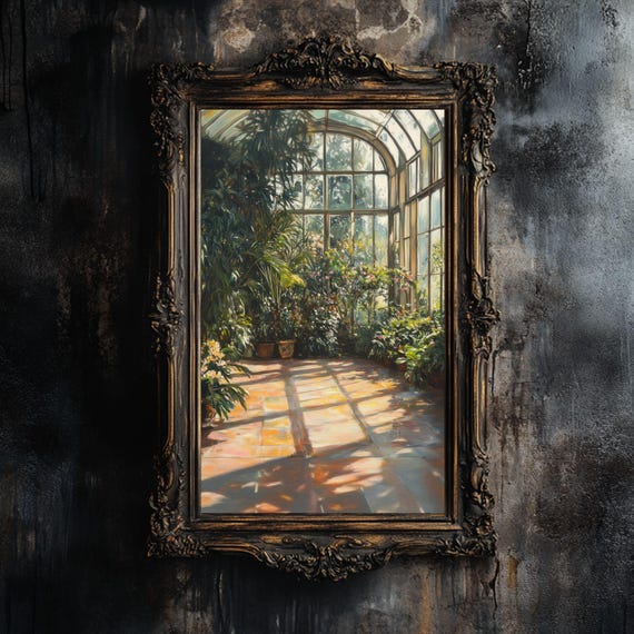 Vintage Exotic Flower Greenhouse Art Print Painting Gothic Botanical Wall Art Spooky Cottagecore Decor Dark Academia Printable Poster