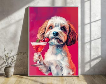 May include: A white dog with brown ears holds a martini glass with a cherry on a pink background.