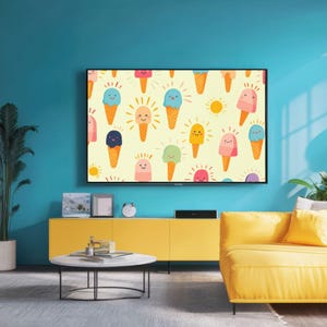 May include: A television screen displaying a colorful pattern of ice cream cones and popsicles with smiling faces on a yellow background. The ice cream is in various colors, including blue, green, yellow, pink, and orange.