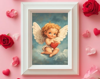 impression d'art vintage Cupidon | Téléchargement numérique de la Saint-Valentin | Décoration murale romantique | Art mural imprimable Cupidon pour l'amour et la décoration intérieure