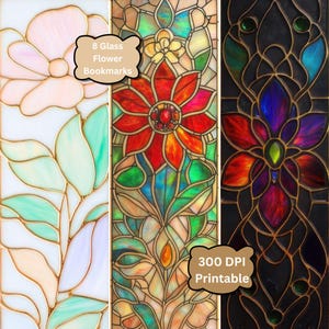 8 Floral Bookmark Set | Glass Window-Inspired Printable Flower Designs | Digital Slim Templates for Journals, Gifts, Crafts | Download Now