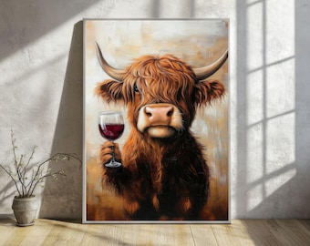 Vibrant Highland Cow Art Print | Rustic Animal Decor | Cute Cow Painting | Unique Gift for Animal Lovers | Wine & Farmhouse Decor