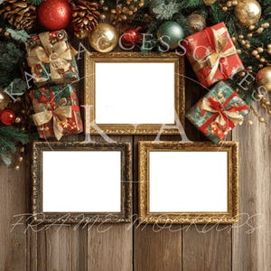 May include: Three ornate picture frames with blank white spaces, arranged on a wooden surface. The frames are surrounded by Christmas decorations, including wrapped gifts, ornaments, pine needles, and gold accents. The overall theme is festive and decorative.