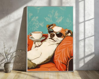 Retro Dog and Coffee Digital Art Print | Funny Dog Wall Art for Bathrooms | Kitchens & Coffee Bars | Printable Gift for Dog Lovers