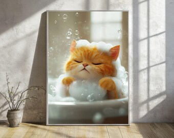 Impression d'art murale lunatique et mignonne pour salle de bain | Décoration amusante et minimaliste pour les salles de bains d'invités | Cadeau imprimable pour les amoureux des chats et les fans d'art