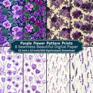 Purple Flower Pattern Digital Paper | Seamless Floral Design For Scrapbooking, Crafts & DIY Projects | Printable Decorative Paper Pack