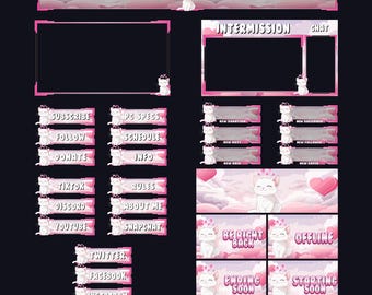 Sobreposição de Twitch de gato animado | Alertas e painéis fofos do Twitch | Pacote de transmissão aconchegante com alertas de gato, notificações de ataque Sobreposição de conjunto de Twitch personalizado