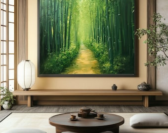 Peut inclure: Une peinture représentant un chemin qui traverse une forêt de bambous luxuriante et verdoyante. Le chemin est bordé de hautes tiges de bambou et la lumière du soleil traverse les feuilles, créant une ambiance de paix et de tranquillité.