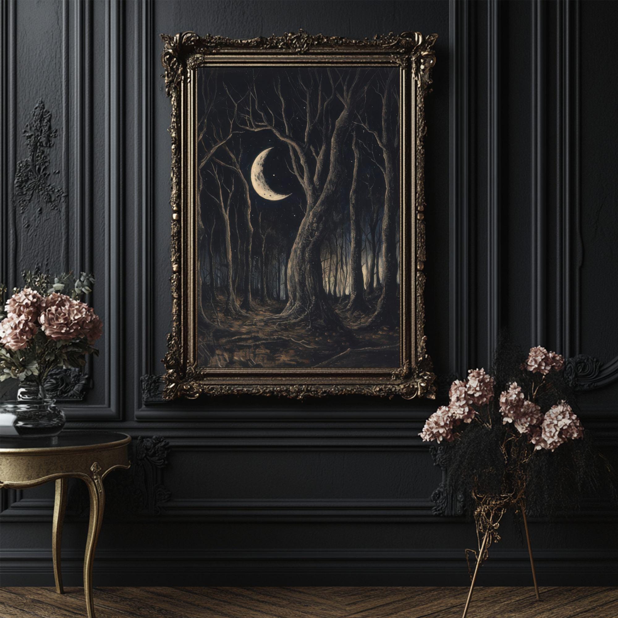 Crescent Moon Forest Art Print Gothic Moon Wall Art Witchy Decor Dark ...