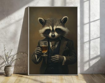 May include: A raccoon wearing a suit and tie holds a glass of amber liquid. The raccoon has a serious expression on its face. The background is a dark brown color.