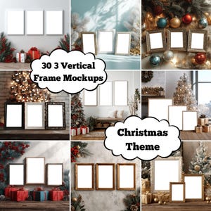 Puede incluir: Un collage de maquetas de marcos verticales con temática navideña. La imagen presenta varios marcos con espacios en blanco, rodeados de decoraciones festivas como árboles de Navidad, adornos y regalos envueltos. El texto de la imagen dice "30 3 Vertical Frame Mockups" y "Christmas Theme."