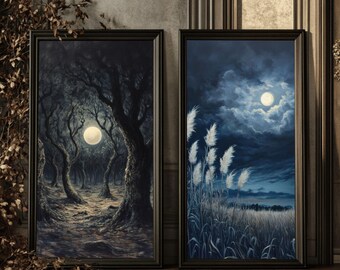 May include: Two framed landscape paintings. One depicts a moonlit forest with a large, bright moon. The other shows a moonlit field of tall grass and a cloudy sky with a full moon. Both paintings have dark frames.