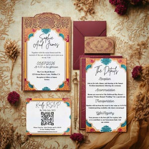 Koninklijke Indiase bruiloft uitnodiging sjabloon | Bewerkbare afdrukbare uitnodigingssuite voor Zuid-Aziatische ceremonie | Custom digitale canvas trouwkaart set