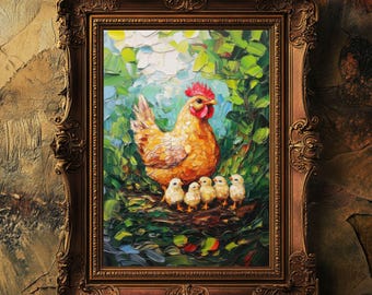 Vintage kip kunstprint | Boerderij muurdecoratie | Digitale download rustiek boerenerf | Cadeau kippenliefhebber | Poster met dieren in de keuken