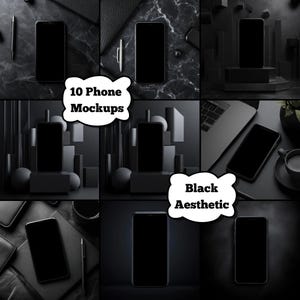 Puede incluir: Diez maquetas de teléfono en una estética negra. Los teléfonos se muestran en varios fondos negros, incluyendo mármol, una computadora portátil y un diseño geométrico. El texto "10 Phone Mockups" y "Black Aesthetic" se muestra en texto blanco sobre burbujas de diálogo negras.