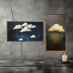 Rain Cloud Digital Print Black White Art Set | Dark Academia Wall Decor | Gothic Cloud Painting | Cottagecore Cloud Artwork | Moody Decor