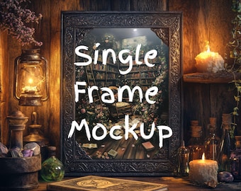 Single Witchy Gothic Frame Mockup | Dark Aesthetic Wall Art Display | Vertical Wooden Frame Digital Mockup for Prints, Posters & Artwork