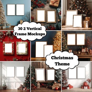 Puede incluir: Una colección de maquetas de marcos verticales con temática navideña. La imagen muestra varios marcos con espacios en blanco, sobre fondos festivos con árboles de Navidad, adornos y regalos. El texto dice "30 2 Vertical Frame Mockups" y "Christmas Theme."
