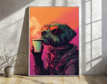 Colourful Dog and Coffee Digital Art Print |  Funny Dog Wall Art for Kitchens | Coffee Bars & Bathrooms | Printable Gift for Dog Lovers