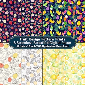 Tropische Früchte Muster Digitales Papier | Nahtloser Obst-Druck | Scrapbook Papier mit Erdbeeren | Druckbare Hintergrund für Handwerk DIY