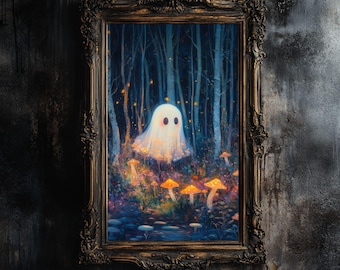 Witchy Ghost Mushroom Forest Art Print | Spookachtig kunstdecor | Gotische Halloween-poster | Vintage schattig spookschilderij digitale download