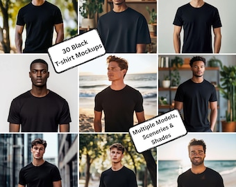 30 Black T-Shirt Mockup Bundle | Mens Lifestyle Model Scenes | Digital Shirt Mockups for Apparel Brands | Editable Templates Download