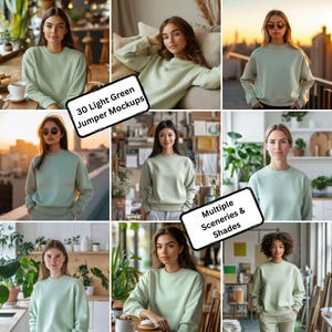 Mockup lichtgroene trui dames | Oversized sweatshirt met ronde hals digitaal bestand | Modelsweaterontwerp voor herfst en feestdagen | Direct downloaden