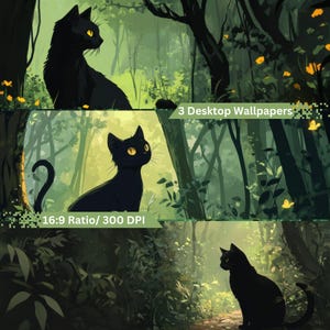 Papier peint chat noir mignon | Téléchargement de papier peint chat esthétique | Fond d&#39;écran numérique chat pour PC, ordinateur portable | Esthétique de bureau confortable