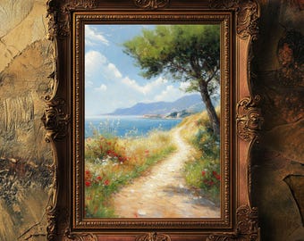 May include: A framed oil painting depicting a winding path leading to a coastline with a blue sea and mountains in the distance. The path is lined with wildflowers and a large tree stands on the right side of the path.