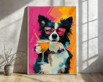May include: A framed art print featuring a Border Collie wearing orange sunglasses and holding a cocktail. The dog is depicted in a colorful, pop art style against a pink and orange background. The dog's collar is purple.