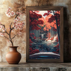Serene Japanese Forest Waterfall Art Print | Elegant Japan Wall Art For Living Rooms & Meditation Spaces | Printable Asian Decor Gift