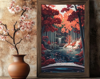 Serene Japanese Forest Waterfall Art Print | Elegant Japan Wall Art For Living Rooms & Meditation Spaces | Printable Asian Decor Gift