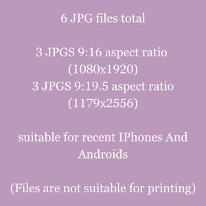 May include: Text on a purple background that reads: "6 JPG files total", "3 JPGS 9:16 aspect ratio (1080x1920)", "3 JPGS 9:19.5 aspect ratio (1179x2556)", "suitable for recent IPhones And Androids", and "(Files are not suitable for printing)"