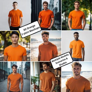 Puede incluir: Un collage de nueve imágenes que muestran camisetas naranjas en varios modelos en diferentes entornos. El texto de la imagen dice "30 Orange T-shirt Mockups" y "Multiple Models, Sceneries & Shades".