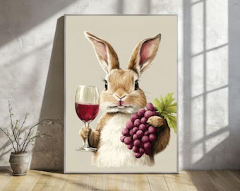 Charming Bunny Rabbit Print | Cute Animal Wall Art for Home Nursery | and Wine Lovers | Digital Download Art | Perfect Gift for Rabbit Lover