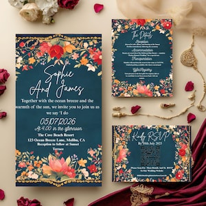 Ensemble de faire-part de mariage indien coloré | Modèle numérique personnalisable avec carte de mariage, RSVP et détails | Toile imprimable d'Asie du Sud