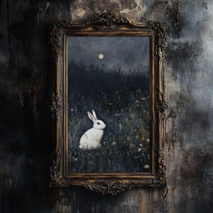 Gothic White Rabbit Art Print | Bunny Cottagecore Wall Decor | Dark Academia Printable Poster | Moody Room Digital Download | Woodland Print