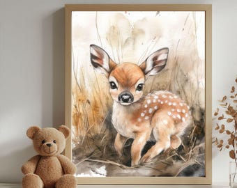 Stampa artistica per la cameretta dei bambini del bosco / Adorabili animali da cervo / Tema foresta / Arte murale stampabile per la cameretta dei bambini / Download digitale di decorazioni per la cameretta dei bambini