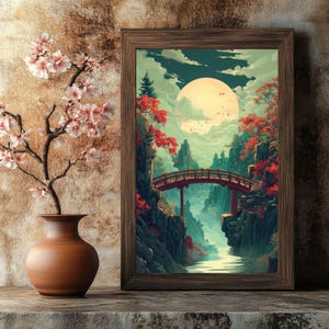 Tranquil Japanese Forest Moon Art Print | Serene Japan Wall Art for Living Spaces & Meditation Rooms | Printable Asian Decor Gift