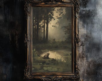 Dark Academia Frog Oil Painting Print Artwork | Vertical Gothic Wall Art | Witchy Frog Decor Printable | Vintage Pond Scene Digital Download