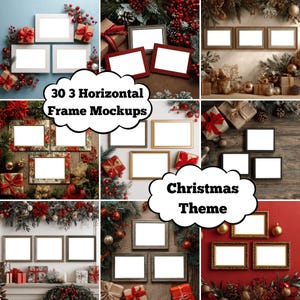 30 Horizontal Triple Frame Trendy Xmas Mockup Bundle 3 Modern Christmas Landscape Frame Mockups Set Gold Wooden Vintage Holiday Wall Art