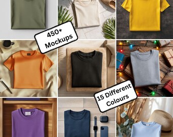 May include: A collection of folded t-shirts in various colors, including olive green, cream, yellow, orange, black, gray, purple, navy blue, and light blue. The image also includes the text "450+ Mockups" and "15 Different Colours".