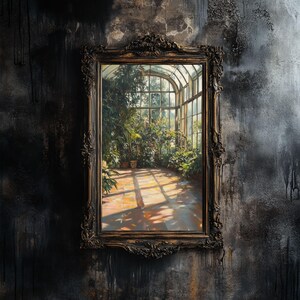 Vertical greenhouse art print featuring lush exotic plants and warm golden sunlight. Vintage botanical digital painting with gothic and cottagecore aesthetic. Perfect for greenhouse decor, witchy wall art, or dark academia room design. Elegant and calming floral artwork download for plant lovers, vintage interiors, and botanical wall art collectors.