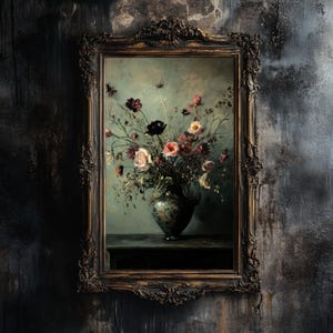Impresión digital de jarrón de flores vintage / Arte mural floral gótico / Estética Dark Academy / Decoración imprimible cottagecore / Arte de descarga instantánea