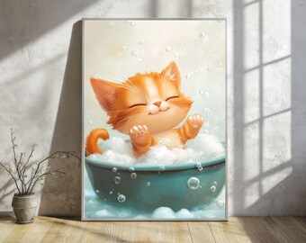 Impression d'art murale chat drôle de salle de bain | Décoration mignonne et minimaliste pour les salles de bains d'invités | Cadeau imprimable pour les amoureux des chats et les amateurs d'art
