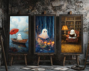Zestaw cyfrowych wydruków sztuki „Duch w bibliotece” | Pobierz gotycką grafikę ścienną | Obraz z duchem z Dark Academia | Plakat z uroczym duchem na Halloween