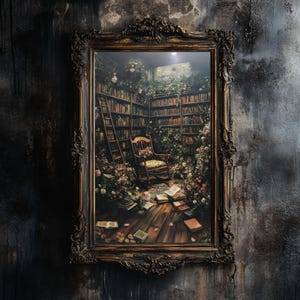 sombre de scène de bibliothèque universitaire | Art mural bibliothèque gothique | Impression de chaise vintage lunatique Cottagecore | Téléchargement numérique pour la décoration intérieure