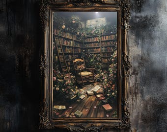 Dark Academia Library Scene Poster | Gothic Library Wall Art | Cottagecore Whimsical Vintage Chair Print | Digital Download for Home Decor